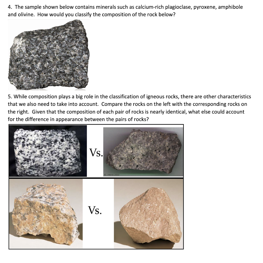 4. The sample shown below contains minerals such as calcium-rich plagioclase, pyroxene, amphibole
and olivine. How would you classify the composition of the rock below?
5. While composition plays a big role in the classification of igneous rocks, there are other characteristics
that we also need to take into account. Compare the rocks on the left with the corresponding rocks on
the right. Given that the composition of each pair of rocks is nearly identical, what else could account
for the difference in appearance between the pairs of rocks?
Vs.
OJ Merck 2002
Vs.
