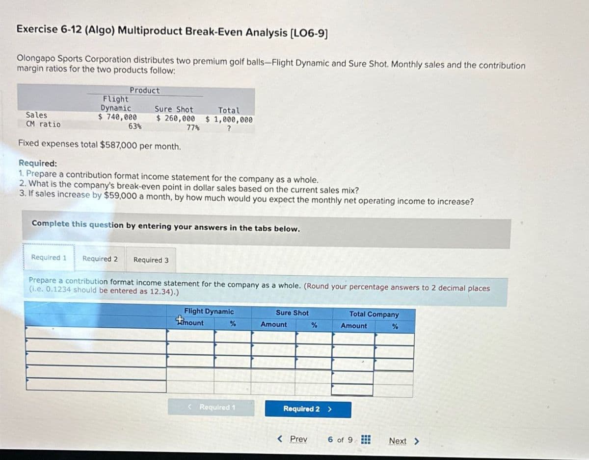 Exercise 6-12 (Algo) Multiproduct Break-Even Analysis [LO6-9]
Olongapo Sports Corporation distributes two premium golf balls-Flight Dynamic and Sure Shot. Monthly sales and the contribution
margin ratios for the two products follow:
Product
Flight
Dynamic
Sales
CM ratio
$ 740,000
Sure Shot
$260,000
Total
$1,000,000
63%
77%
?
Fixed expenses total $587,000 per month.
Required:
1. Prepare a contribution format income statement for the company as a whole.
2. What is the company's break-even point in dollar sales based on the current sales mix?
3. If sales increase by $59,000 a month, by how much would you expect the monthly net operating income to increase?
Complete this question by entering your answers in the tabs below.
Required 1 Required 2
Required 3
Prepare a contribution format income statement for the company as a whole. (Round your percentage answers to 2 decimal places
(i.e. 0.1234 should be entered as 12.34).)
Flight Dynamic
mount
Sure Shot
%
Amount
%
Total Company
Amount
%
<Required 1
Required 2 >
< Prev
6 of 9.
Next >