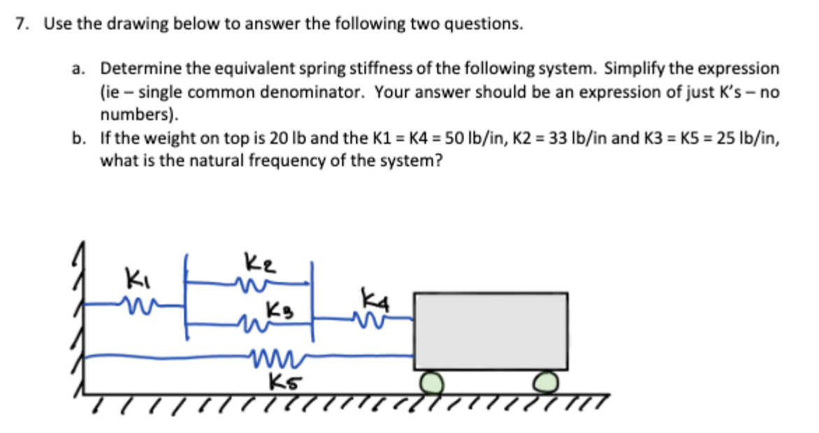 7. Use the drawing below to answer the following two questions.
a. Determine the equivalent spring stiffness of the following system. Simplify the expression
(ie - single common denominator. Your answer should be an expression of just K's - no
numbers).
b. If the weight on top is 20 lb and the K1 = K4 = 50 lb/in, K2 = 33 lb/in and K3 = K5 = 25 lb/in,
what is the natural frequency of the system?
Ki
Jul
K₂
KB
ti
K5
Em