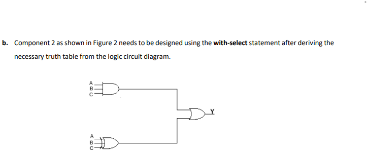b. Component 2 as shown in Figure 2 needs to be designed using the with-select statement after deriving the
necessary truth table from the logic circuit diagram.
B
