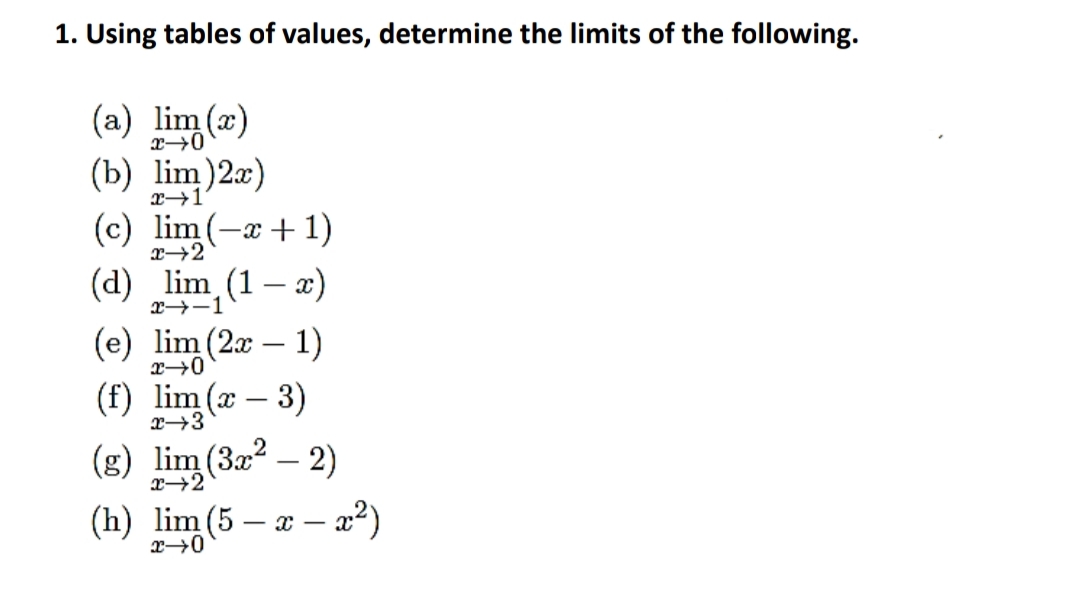 1. Using tables of values, determine the limits of the following.
(a) lim (x)
(b) lim)2x)
(c) lim(-a+1)
(d) lim (1– 2)
x→2
x→-1
(e) lim (2x – 1)
(f) lim (x – 3)
x→0
(g) lim (3x2 – 2)
(h) lim (5 – x – ²)
|
X→2
