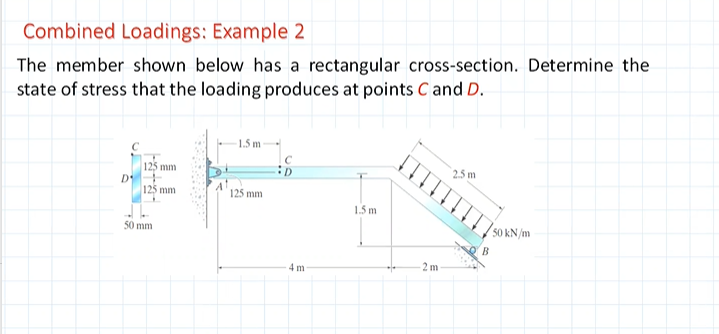Combined Loadings: Example 2
The member shown below has a rectangular cross-section. Determine the
state of stress that the loading produces at points C and D.
D
125 mm
125 mm
50 mm
-1.5 m
125 mm
4m
1.5 m
2m
2.5m
B
50 kN/m