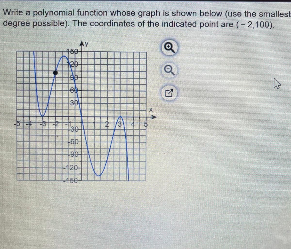 Write a polynomial function whose graph is shown below (use the smallest
degree possible). The coordinates of the indicated point are (- 2,100).
本y
150-
20
90
60
30
-51-41-3-2
-60-
90-
-120-
-150-
