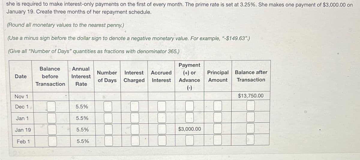 she is required to make interest-only payments on the first of every month. The prime rate is set at 3.25%. She makes one payment of $3,000.00 on
January 19. Create three months of her repayment schedule.
(Round all monetary values to the nearest penny.)
(Use a minus sign before the dollar sign to denote a negative monetary value. For example, "-$149.63".)
(Give all "Number of Days" quantities as fractions with denominator 365.)
Date
Balance
before
Transaction Rate
Annual
Interest
Number
of Days
Interest Accrued
Charged
Charged Interest
Payment
(+) or
Advance
(-)
Principal Balance after
Amount
Transaction
Nov 1
$13,750.00
Dec 1
5.5%
Jan 1
5.5%
Jan 19
5.5%
$3,000.00
Feb 1
5.5%