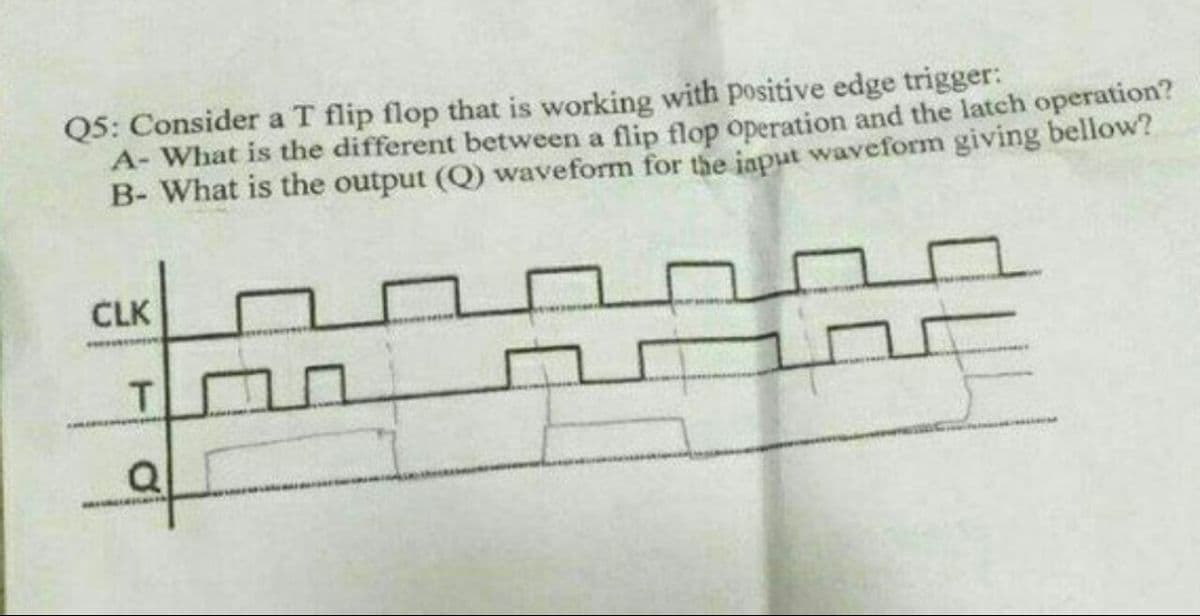 Q5: Consider a T flip flop that is working with positive edge trigger:
A- What is the different between a flip flop operation and the latch operation?
B- What is the output (Q) waveform for the japut waveform giving bellow?
CLK
T.
