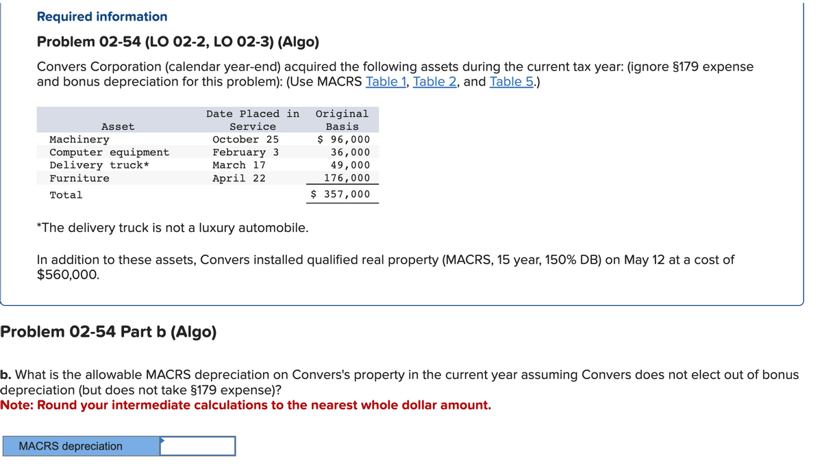 Required information
Problem 02-54 (LO 02-2, LO 02-3) (Algo)
Convers Corporation (calendar year-end) acquired the following assets during the current tax year: (ignore §179 expense
and bonus depreciation for this problem): (Use MACRS Table 1, Table 2, and Table 5.)
Asset
Machinery
Computer equipment
Delivery truck*
Furniture
Total
Date Placed in
Service
October 25
February 3
March 17
April 22
Problem 02-54 Part b (Algo)
MACRS depreciation
Original
Basis
*The delivery truck is not a luxury automobile.
In addition to these assets, Convers installed qualified real property (MACRS, 15 year, 150% DB) on May 12 at a cost of
$560,000.
$ 96,000
36,000
49,000
176,000
$ 357,000
b. What is the allowable MACRS depreciation on Convers's property in the current year assuming Convers does not elect out of bonus
depreciation (but does not take §179 expense)?
Note: Round your intermediate calculations to the nearest whole dollar amount.