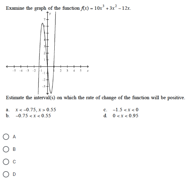 Examine the graph of the function f(x) = 10x³ + 3x² - 12x.
-5 -4 -3 -2
Estimate the interval(s) on which the rate of change of the function will be positive.
a.
x < -0.75, x > 0.55
b. -0.75 <x< 0.55
OA
B
2 3 4 5 r
O D
C. -1.5 <x<0
d.
0<x<0.95