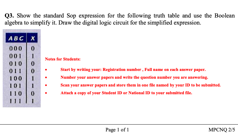Q3. Show the standard Sop expression for the following truth table and use the Boolean
algebra to simplify it. Draw the digital logic circuit for the simplified expression.
ABC
000
001
1
Notes for Students:
010
011
Start by writing your: Registration number , Full name on each answer paper.
100
1
Number your answer papers and write the question number you are answering.
101
1
Scan your answer papers and store them in one file named by your ID to be submitted.
110
Attach a copy of your Student ID or National ID to your submitted file.
111
Page 1 of 1
MPCNQ 2/5
