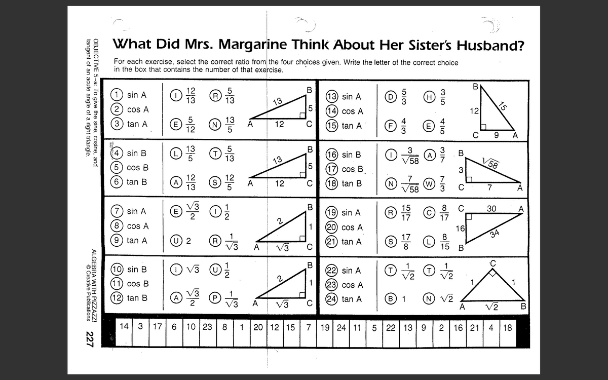 What Did Mrs. Margarine Think About Her Sister's Husband?
For each exercise, select the correct ratio from the four choices given. Write the letter of the correct choice
in the box that contains the number of that exercise.
B
В
(13) sin A
12
5
1) sin A
R
13
D)
((H)
13
2) cos A
(14) cos A
12
13
5
E
12
3) tan A
(N)
5
A
12
(15) tan A
E
A
13
5
(T)
13
4) sin B
(16) sin B
(A)
V58
5
V58
13
5) cos B
(17) cos. B.
3
12
12
7
(N)
W)
V58
7
6) tan B
A
13
A
12
(18) tan B
5
7
V3
E
2
1
15
R
17
7) sin A
(19) sin A
30
A
17
8
cos A
1
(20) cos A
16
34
1
R)
V3
17
9) tan A
U) 2
(21) tan
s)
7)
A
V3
8
15 B
1
V2
(10) sin B
(22) sin A
T
11) cos B
1
(23) cos A
1
V3
A
2
(N) V2
A
(12) tan B
24) tan A
(B
1
V3
A
V3
V2
В
14 3
17 6 | 10 23
8
1
20 | 12 |15
7
19 24 11
22 | 13 9
2
16 | 21
4 18
15
MIN
OBJECTIVE 5-a: To give the sine, cosine, and
tangent of an acute angle of a right triangie.
ALGEBRA WITH PIZZAZZ!
© Creative Publications
227
