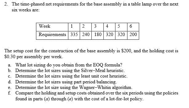 2. The time-phased net requirements for the base assembly in a table lamp over the next
six weeks are:
Week
1
2
3
4
5
6
Requirements 335 240 180 320 320 200
The setup cost for the construction of the base assembly is $200, and the holding cost is
S0.30 per assembly per week.
a. What lot sizing do you obtain from the EOQ formula?
b. Determine the lot sizes using the Silver-Meal heuristic.
c. Determine the lot sizes using the least unit cost heuristic.
d. Determine the lot sizes using part period balancing.
e. Determine the lot size using the Wagner-Whitin algorithm.
f. Compare the holding and setup costs obtained over the six periods using the policies
found in parts (a) through (e) with the cost of a lot-for-lot policy.
