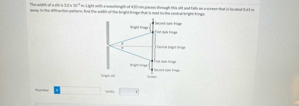 The width of a slit is 3.0 x 105 m. Light with a wavelength of 420 nm passes through this slit and falls on a screen that is located 0.65 m
away. In the diffraction pattern, find the width of the bright fringe that is next to the central bright fringe.
Second dark fringe
First dark fringe
Number
Single slit
Units
Bright fringe-
Bright fringe
Central bright fringe
First dark fringe
Second dark fringe
Screen