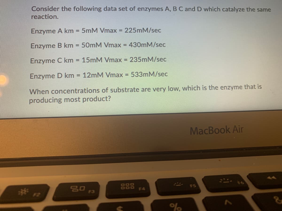 Consider the following data set of enzymes A, B C and D which catalyze the same
reaction.
Enzyme A km = 5mM Vmax = 225MM/sec
Enzyme B km = 50mM Vmax = 430mM/sec
Enzyme C km = 15mM Vmax = 235mM/sec
%3D
Enzyme D km
12mM Vmax = 533mM/sec
When concentrations of substrate are very low, which is the enzyme that is
producing most product?
MacBook Air
DO
F5
S0
# 12
F4
F3
%
