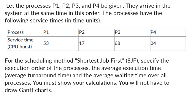 Let the processes P1, P2, P3, and P4 be given. They arrive in the
system at the same time in this order. The processes have the
following service times (in time units):
P2
17
Process
Service time
(CPU burst)
P1
53
P3
68
P4
24
For the scheduling method "Shortest Job First" (SJF), specify the
execution order of the processes, the average execution time
(average turnaround time) and the average waiting time over all
processes. You must show your calculations. You will not have to
draw Gantt charts.