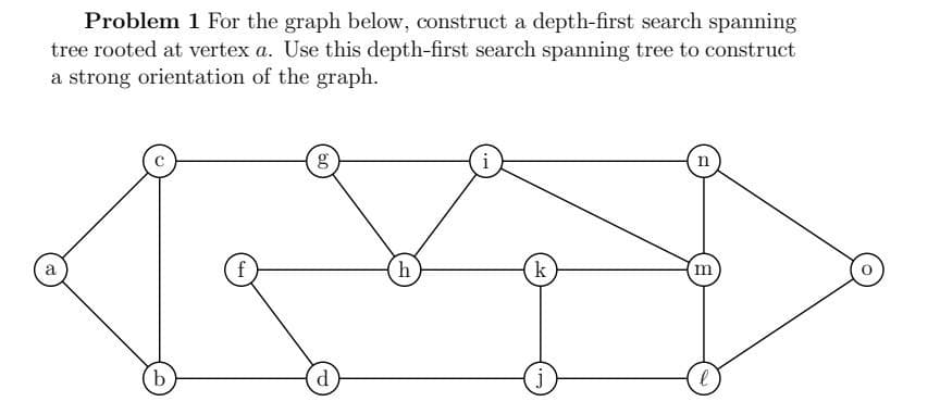Problem 1 For the graph below, construct a depth-first search spanning
tree rooted at vertex a. Use this depth-first search spanning tree to construct
a strong orientation of the graph.
n
a
f
h
k
m
d.
