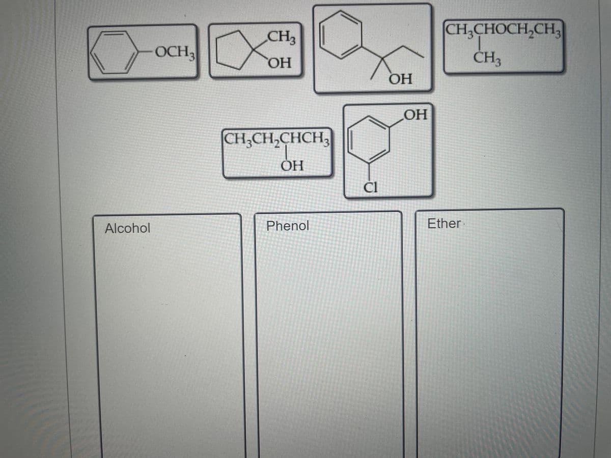 CH3
CH,CHOCH,CH,
OCH3
CH3
HO,
OH
CH,CH,CHCH3
ОН
Cl
Alcohol
Phenol
Ether
