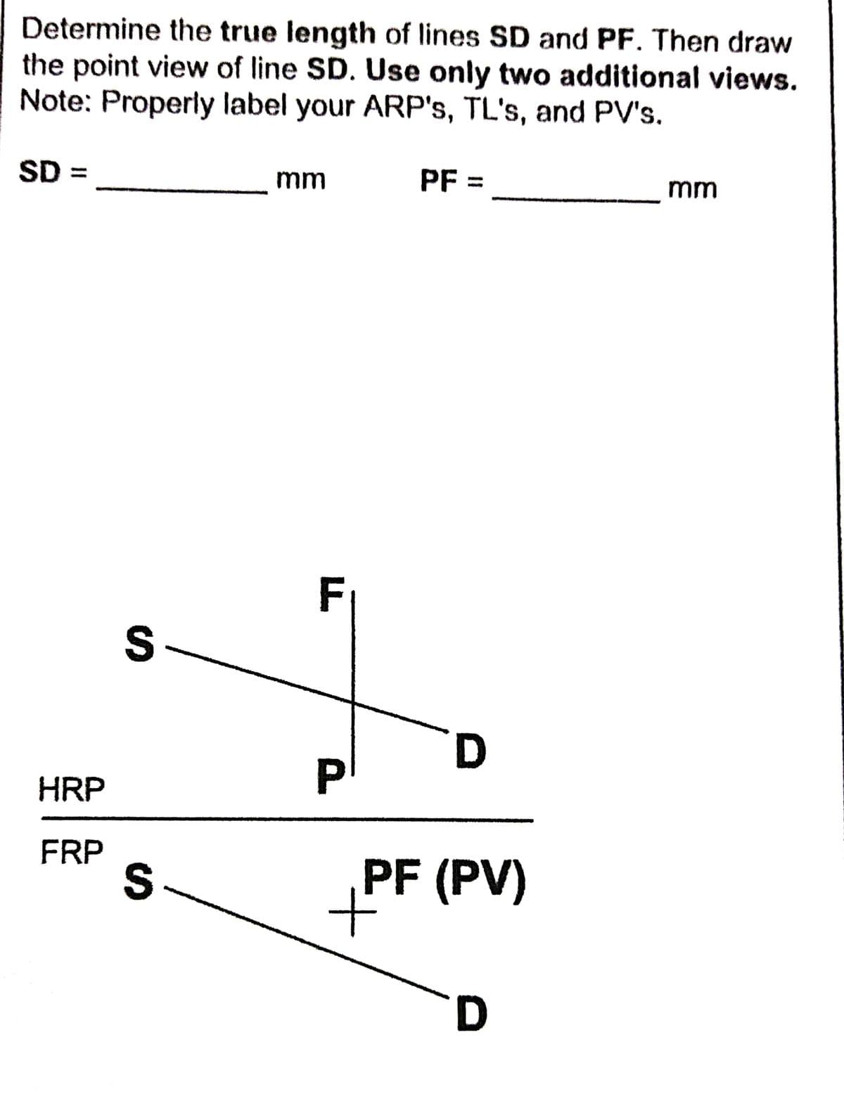 Determine the true length of lines SD and PF. Then draw
the point view of line SD. Use only two additional views.
Note: Properly label your ARP's, TL's, and PV's.
SD =
HRP
FRP
S
S
mm
F₁
Pl
PF =
+
D
PF (PV)
D
mm