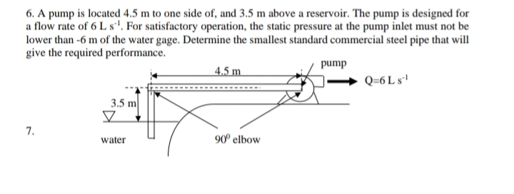 6. A pump is located 4.5 m to one side of, and 3.5 m above a reservoir. The pump is designed for
a flow rate of 6 L s'. For satisfactory operation, the static pressure at the pump inlet must not be
lower than -6 m of the water gage. Determine the smallest standard commercial steel pipe that will
give the required performance.
pump
4.5 m.
1.8 19=d
3.5 m
7.
water
90° elbow
