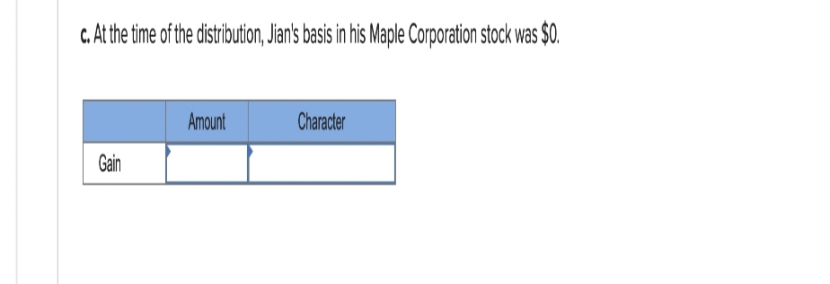 c. At the time of the distribution, Jian's basis in his Maple Corporation stock was $0.
Gain
Amount
Character