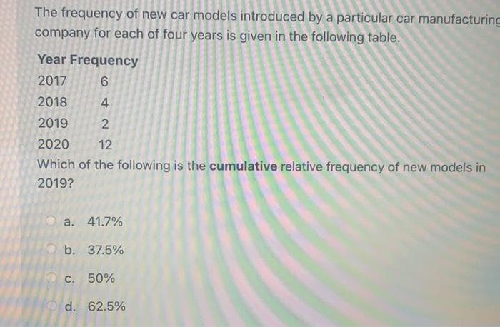 The frequency of new car models introduced by a particular car manufacturing
company for each of four years is given in the following table.
Year Frequency
2017
2018
4
2019
2
2020
12
Which of the following is the cumulative relative frequency of new models in
2019?
64
a. 41.7%
b. 37.5%
c. 50%
d. 62.5%