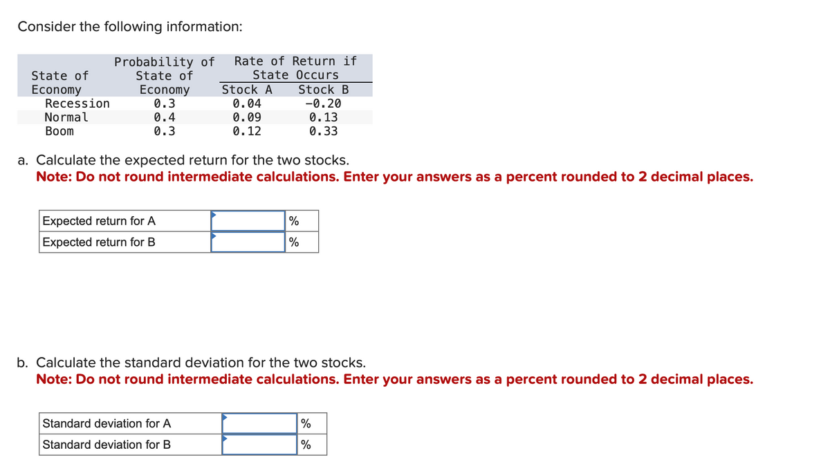 Consider the following information:
State of
Economy
Recession
Normal
Boom
Probability of Rate of Return if
State of
State Occurs
Economy
0.3
0.4
0.3
Expected return for A
Expected return for B
Stock A
0.04
0.09
0.12
Standard deviation for A
Standard deviation for B
Stock B
a. Calculate the expected return for the two stocks.
Note: Do not round intermediate calculations. Enter your answers as a percent rounded to 2 decimal places.
-0.20
0.13
0.33
%
%
b. Calculate the standard deviation for the two stocks.
Note: Do not round intermediate calculations. Enter your answers as a percent rounded to 2 decimal places.
%
%