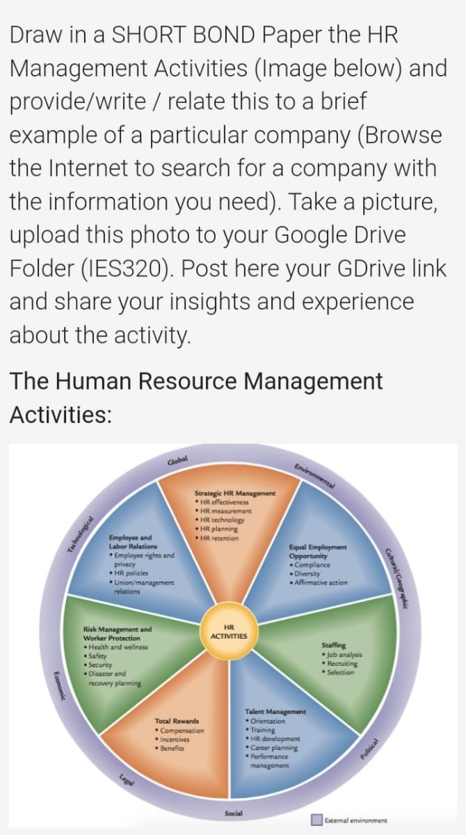 Draw in a SHORT BOND Paper the HR
Management Activities (Image below) and
provide/write / relate this to a brief
example of a particular company (Browse
the Internet to search for a company with
the information you need). Take a picture,
upload this photo to your Google Drive
Folder (IES320). Post here your GDrive link
and share your insights and experience
about the activity.
The Human Resource Management
Activities:
Global
Environmental
Strategic HR Management
* HR effectiveness
HR measurement
• HR technology
• HR planning
HR retention
Employee and
Labor Relations
• Employee rights and
privacy
• HR policies
• Union/management
Equal Employment
Opportunity
•Compliance
• Diversity
Affirmative action
relations
HR
Risk Management and
Worker Protection
• Health and wellness
• Safety
• Security
• Disaster and
recovery planning
АCTIVITIES
Staffing
• Job analysis
• Recruiting
• Selection
Talent Management
• Orientation
• Training
HR development
•Career planning
Performance
management
Total Rewards
• Compensation
Incentives
• Benefits
Political
Social
External environment
Technological
