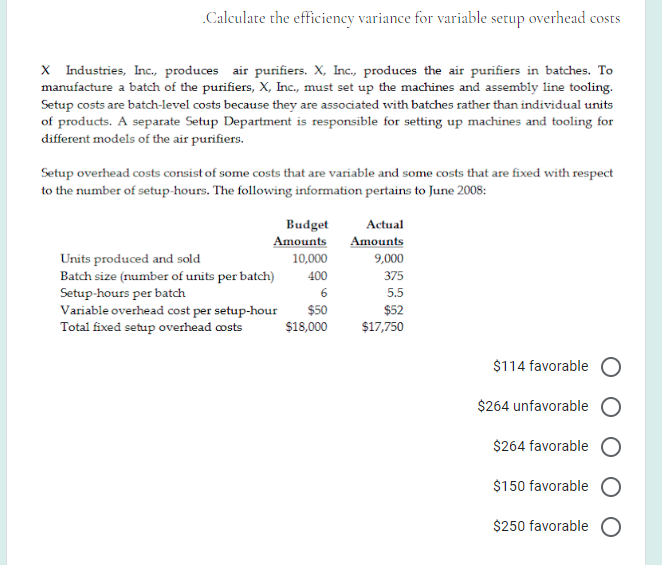 .Calculate the efficiency variance for variable setup overhead costs
X Industries, Inc., produces air purifiers. X, Inc., produces the air purifiers in batches. To
manufacture a batch of the purifiers, X, Inc., must set up the machines and assembly line tooling.
Setup costs are batch-level costs because they are associated with batches rather than individual units
of products. A separate Setup Department is responsible for setting up machines and tooling for
different models of the air purifiers.
Setup overhead costs consist of some costs that are variable and some costs that are fixed with respect
to the number of setup-hours. The following information pertains to June 2008:
Budget
Actual
Amounts
Amounts
10,000
Units produced and sold
Batch size (number of units per batch)
Setup-hours per batch
Variable overhead cost per setup-hour
Total fixed setup overhead costs
9,000
400
375
6
5.5
$50
$52
$18,000
$17,750
$114 favorable
$264 unfavorable
$264 favorable
$150 favorable
$250 favorable O
