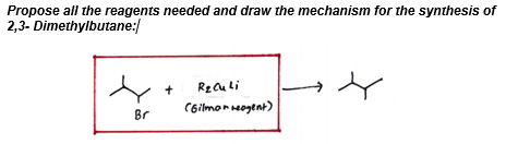 Propose all the reagents needed and draw the mechanism for the synthesis of
2,3- Dimethylbutane:/
RzCu li
C6ilmor eogtnt)
Br
