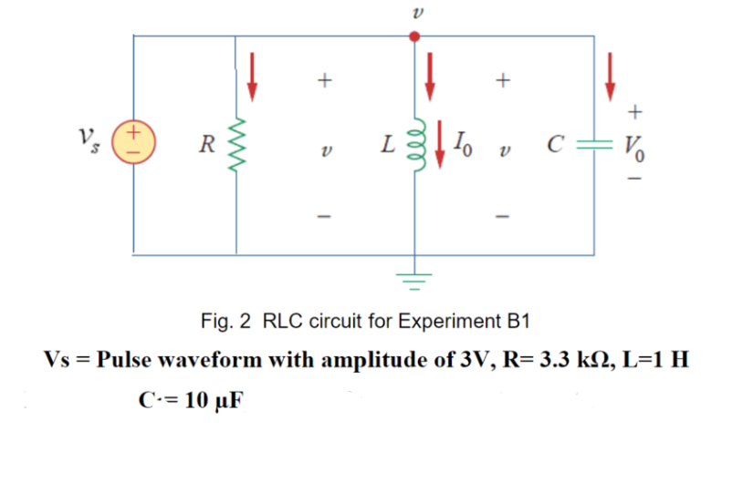 22
(+1
R
ww
+
V
V
L To
+
V
с
18+
Fig. 2 RLC circuit for Experiment B1
Vs = Pulse waveform with amplitude of 3V, R= 3.3 kN, L=1 H
C-= 10 µF