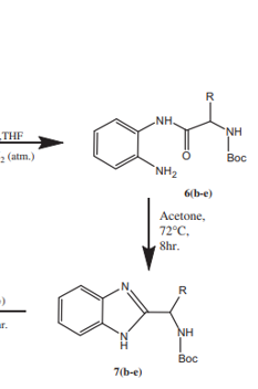 R
NH.
NH
THF
2 (atm.)
Вос
`NH2
6(b-e)
Acetone,
72°C,
Shr.
R
(-
r.
NH
Вос
7(b-e)
