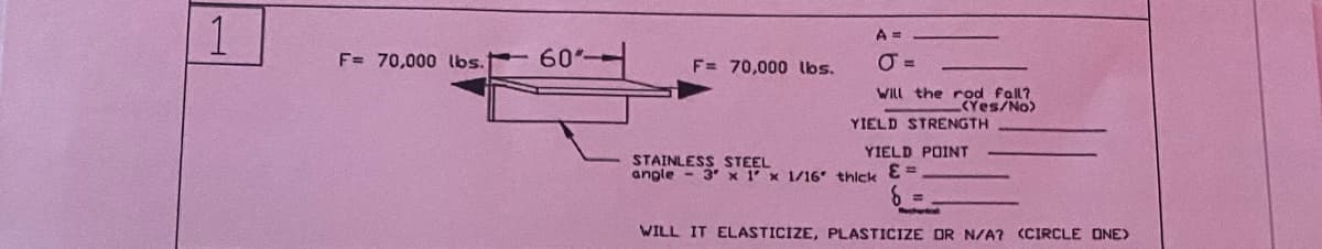 1
F= 70,000 lbs.
60"--
F= 70,000 lbs.
A =
Will the rod fail?
(Yes/No)
YIELD STRENGTH
YIELD POINT
STAINLESS STEEL
angle - 3 x 1 x 1/16" thick &=
WILL IT ELASTICIZE, PLASTICIZE OR N/A? (CIRCLE ONE>
