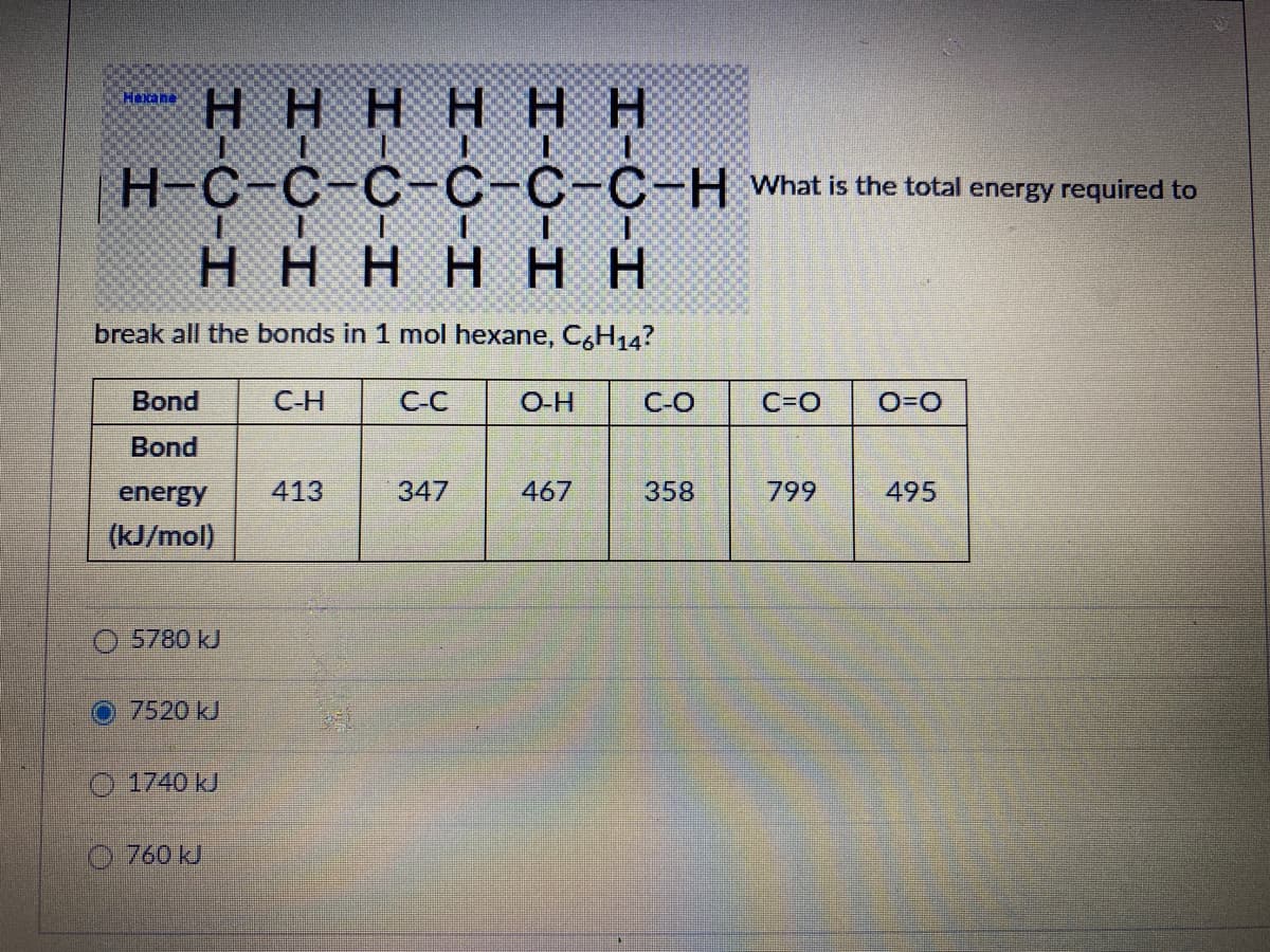 H HHH HH
Hexane
H-C-C-C-C-C-C-H What is the total energy required to
H H HH HH
break all the bonds in 1 mol hexane, C,H14?
Bond
C-H
C-C
O-H
C-O
C=0
Bond
energy
413
347
467
358
799
495
(kJ/mol)
O 5780 kJ
7520kJ
O 1740 kJ
O760 kJ
