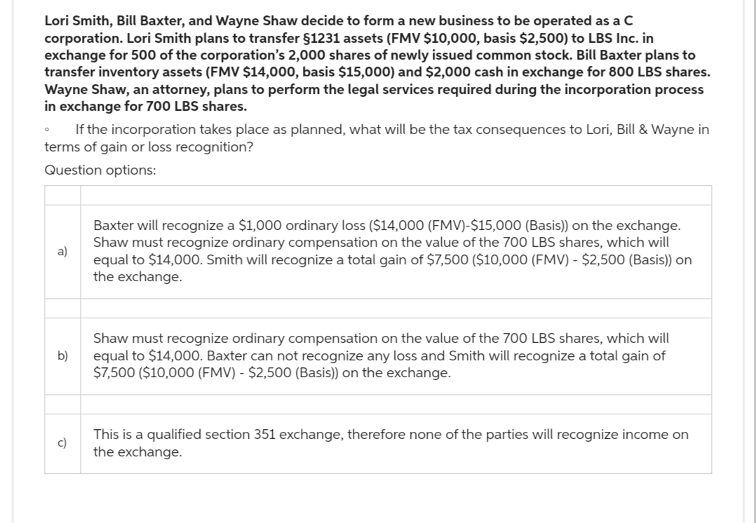 Lori Smith, Bill Baxter, and Wayne Shaw decide to form a new business to be operated as a C
corporation. Lori Smith plans to transfer §1231 assets (FMV $10,000, basis $2,500) to LBS Inc. in
exchange for 500 of the corporation's 2,000 shares of newly issued common stock. Bill Baxter plans to
transfer inventory assets (FMV $14,000, basis $15,000) and $2,000 cash in exchange for 800 LBS shares.
Wayne Shaw, an attorney, plans to perform the legal services required during the incorporation process
in exchange for 700 LBS shares.
If the incorporation takes place as planned, what will be the tax consequences to Lori, Bill & Wayne in
terms of gain or loss recognition?
Question options:
0
a)
b)
c)
Baxter will recognize a $1,000 ordinary loss ($14,000 (FMV)-$15,000 (Basis)) on the exchange.
Shaw must recognize ordinary compensation on the value of the 700 LBS shares, which will
equal to $14,000. Smith will recognize a total gain of $7,500 ($10,000 (FMV) - $2,500 (Basis)) on
the exchange.
Shaw must recognize ordinary compensation on the value of the 700 LBS shares, which will
equal to $14,000. Baxter can not recognize any loss and Smith will recognize a total gain of
$7,500 ($10,000 (FMV) - $2,500 (Basis)) on the exchange.
This is a qualified section 351 exchange, therefore none of the parties will recognize income on
the exchange.