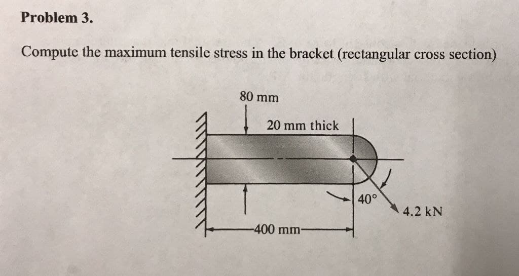 Problem 3.
Compute the maximum tensile stress in the bracket (rectangular cross section)
80 mm
20 mm thick
40°
4.2 kN
-400 mm-
