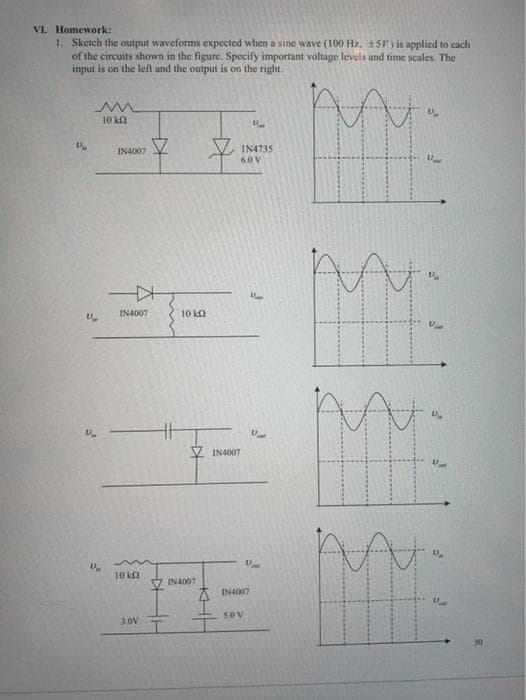 VI. Homework:
1. Sketch the output waveforms expected when a sine wave (100 Hz, 15V) is applied to cach
of the circuits shown in the figure. Specify important voltage levels and time scales. The
input is on the left and the output is on the right.
10 ka
立
IN4735
6.0 V
IN4007
IN4007
10 ka
V IN4007
10 kn
IN4007
A IN4007
SOV
3.0V T
30
