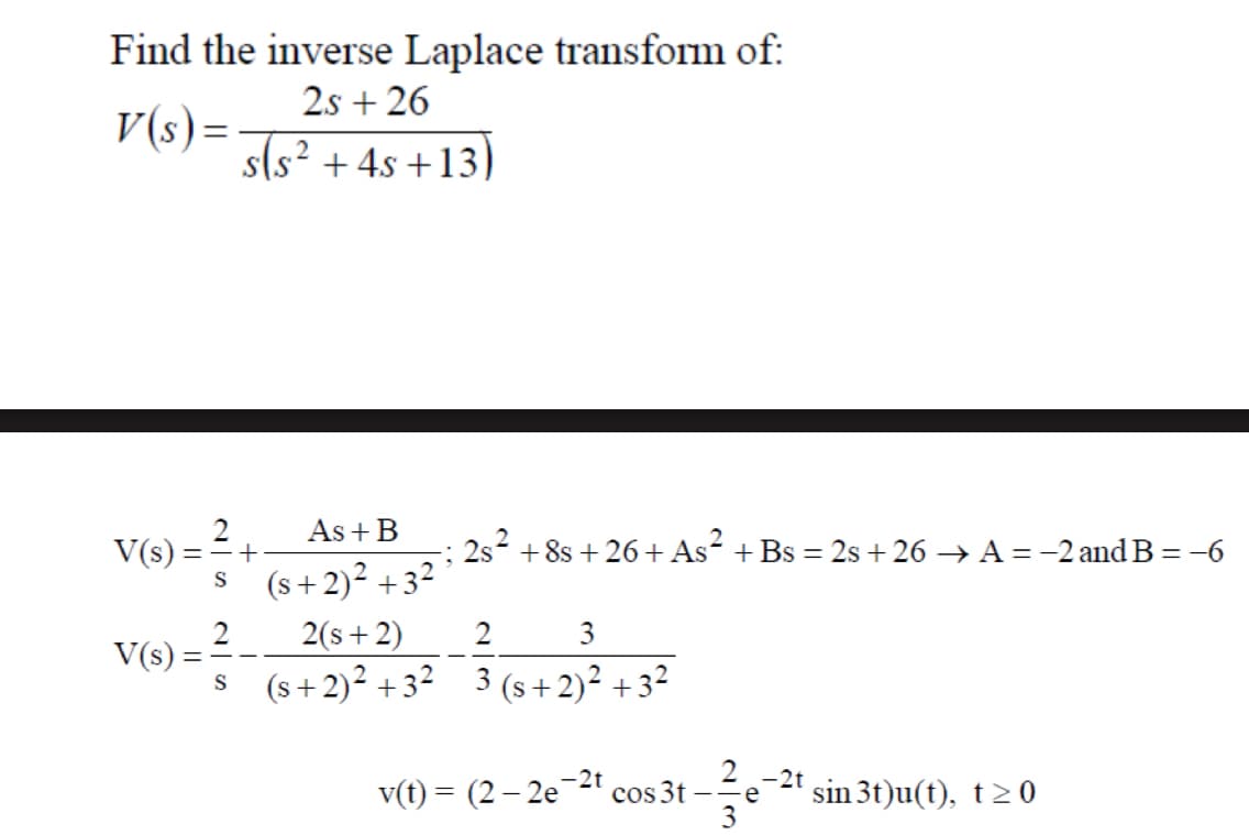 Find the inverse Laplace transform of:
V(s)=
2s+26
s(s²+4s+13)
V(s)
V(s)
-
As + B
+
s (s+2)²+32
2
2s² + 8s +26+ As² + Bs = 2s +26 → A = −2 and B = −6
3
3 (s+ 2)² +32
S
2(s+2)
(s+ 2)²+32
2
v(t) = (2-2e2t cos3t
2 -2t
e sin3t)u(t), t≥0
3
