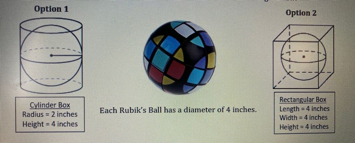 Option 1
Option 2
Rectangular Box
Length = 4 inches
Width = 4 inches
Cylinder Box
Each Rubik's Ball has a diameter of 4 inches.
Radius = 2 inches
Height = 4 inches
Height = 4 inches

