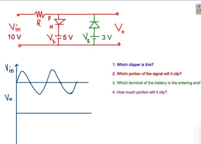 V,
3 V
Vin
N
V
10 V
=5 V
1. Which dipper is this?
Vin'
2. Which portion of the signal will it clip?
3. Which terminal of the battery is the entering end?
4. How much portion will it clip?
Vo
