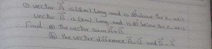 O vector A is (Qm) Long ond is 60above the xis
Vectar B is (am) Long ond is 60 below the Xaxis
Find the vectar sumA+B.
O the vector diffexence A-B and 12-A
