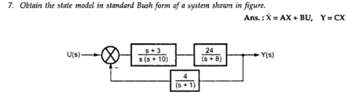 7. Obtain the state model in standard Bush form of a system shown in figure.
S+3
24
U(s)-
s(s+10)
(s+8)
4
(s + 1)
Ans. : X = AX + BU, Y = CX
-Y(s)