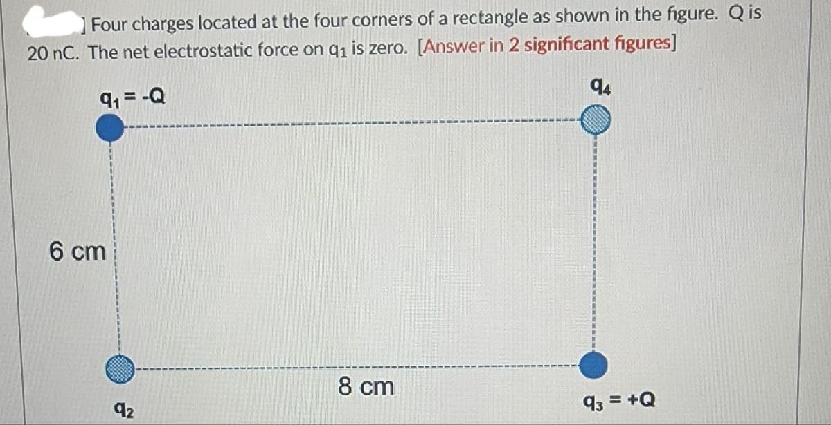 Four charges located at the four corners of a rectangle as shown in the figure. Qis
20 nC. The net electrostatic force on q₁ is zero. [Answer in 2 significant figures]
9₁ = -Q
6 cm
92
8 cm
94
93 = +Q