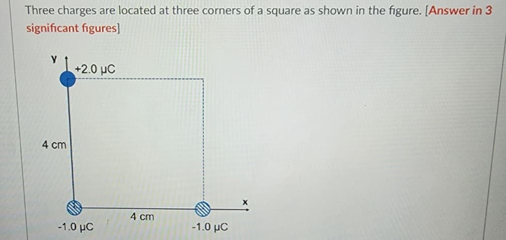 Three charges are located at three corners of a square as shown in the figure. [Answer in 3
significant figures]
4 cm
+2.0 MC
-1.0 μC
4 cm
-1.0 μC