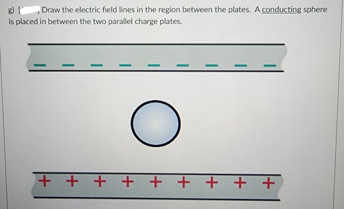 Draw the electric field lines in the region between the plates. A conducting sphere
g)
-1
is placed in between the two parallel charge plates.
PARANAEN
+ + + + + + + + +