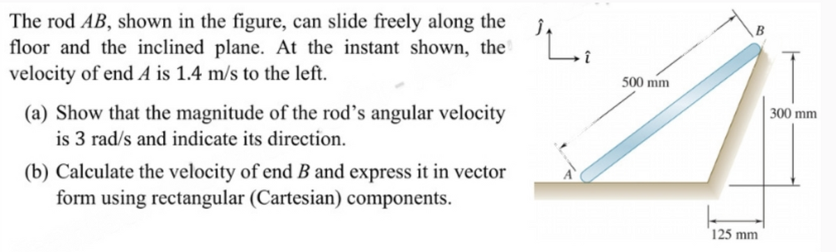The rod AB, shown in the figure, can slide freely along the
floor and the inclined plane. At the instant shown, the
velocity of end A is 1.4 m/s to the left.
(a) Show that the magnitude of the rod's angular velocity
is 3 rad/s and indicate its direction.
(b) Calculate the velocity of end B and express it in vector
form using rectangular (Cartesian) components.
500 mm
B
300 mm
125 mm