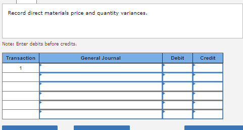 Record direct materials price and quantity variances.
Note: Enter debits before credits.
Transaction
1
General Journal
Debit
Credit