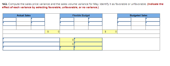 1&2. Compute the sales price variance and the sales volume variance for May. Identify it as favorable or unfavorable. (Indicate the
effect of each varlance by selecting favorable, unfavorable, or no variance.)
Actual Sales
$
Flexible Budget
0
0
$
0
Budgeted Sales