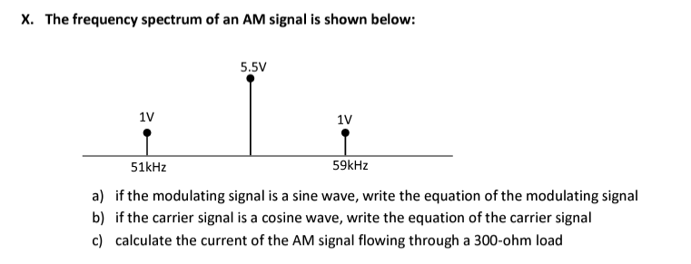 X. The frequency spectrum of an AM signal is shown below:
1V
5.5V
1V
59kHz
51kHz
a) if the modulating signal is a sine wave, write the equation of the modulating signal
b) if the carrier signal is a cosine wave, write the equation of the carrier signal
c) calculate the current of the AM signal flowing through a 300-ohm load