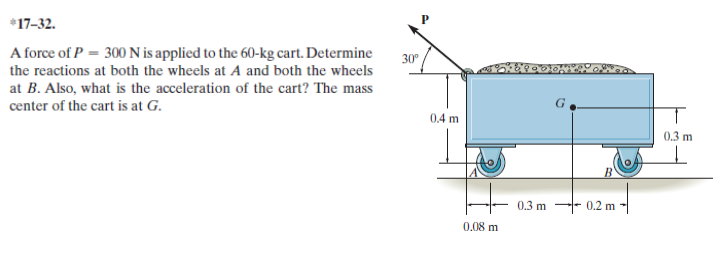 *17-32.
A force of P = 300 N is applied to the 60-kg cart. Determine
the reactions at both the wheels at A and both the wheels
at B. Also, what is the acceleration of the cart? The mass
center of the cart is at G.
30°
0.4 m
0.3 m
0.3 m -- 0.2 m
0.08 m
