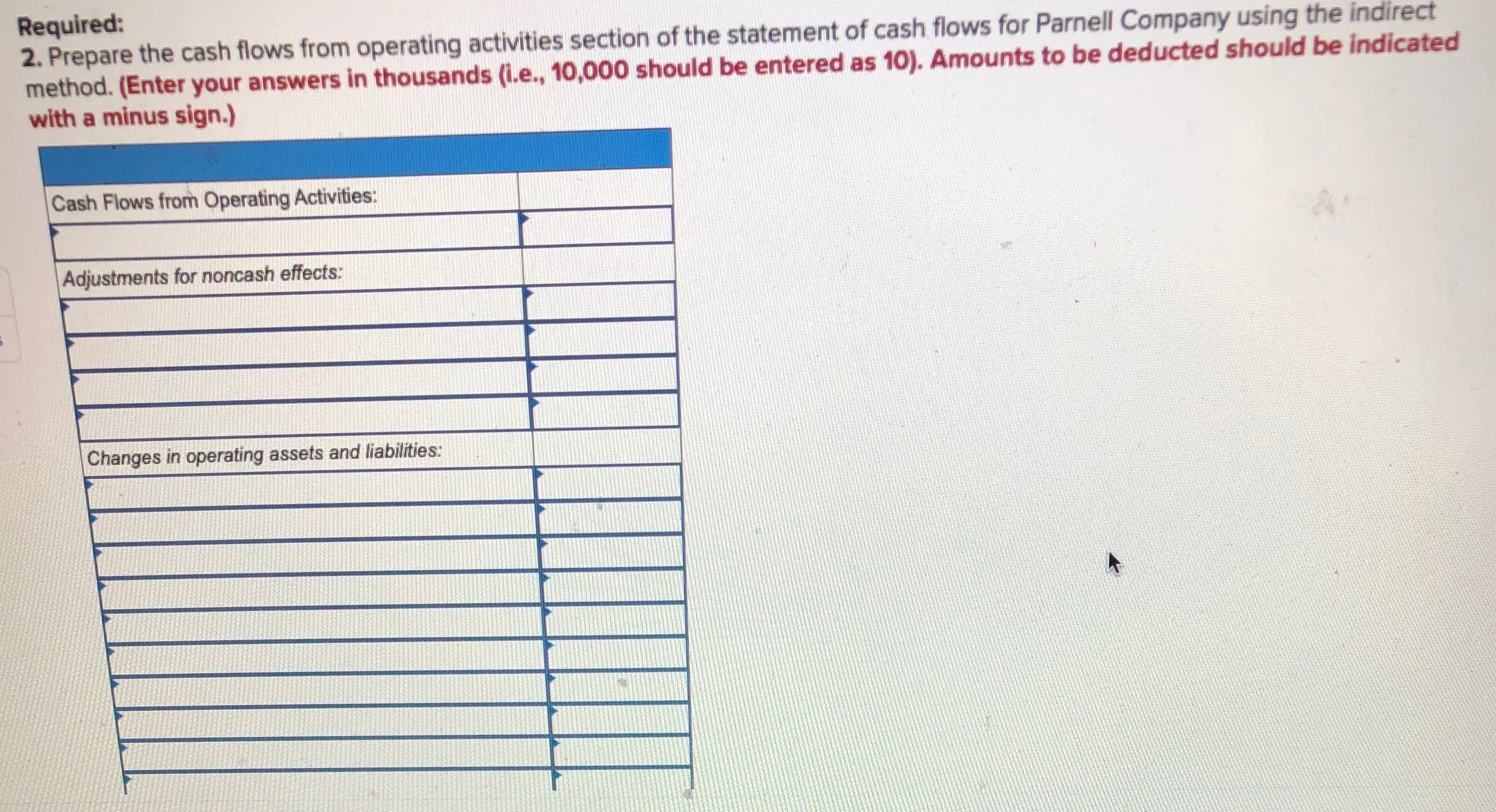 Required:
2. Prepare the cash flows from operating activities section of the statement of cash flows for Parnell Company using the indirect
method. (Enter your answers in thousands (i.e., 10,000 should be entered as 10). Amounts to be deducted should be indicated
with a minus sign.)
Cash Flows from Operating Activities:
Adjustments for noncash effects:
Changes in operating assets and liabilities:
