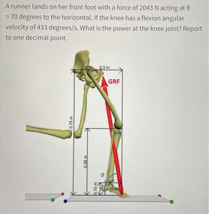 A runner lands on her front foot with a force of 2043 N acting at 0
= 70 degrees to the horizontal. If the knee has a flexion angular
velocity of 433 degrees/s. What is the power at the knee joint? Report
to one decimal point.
0.3 m
GRF
0.75 m
0.38 m
