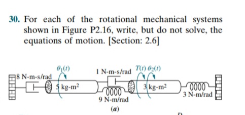 30. For each of the rotational mechanical systems
shown in Figure P2.16, write, but do not solve, the
equations of motion. [Section: 2.6]
O(1)
8 N-m-s/rad A
I N-m-s/rad
O 3 kg-m?
9 N-m/rad
3 N-m/rad
(a)
